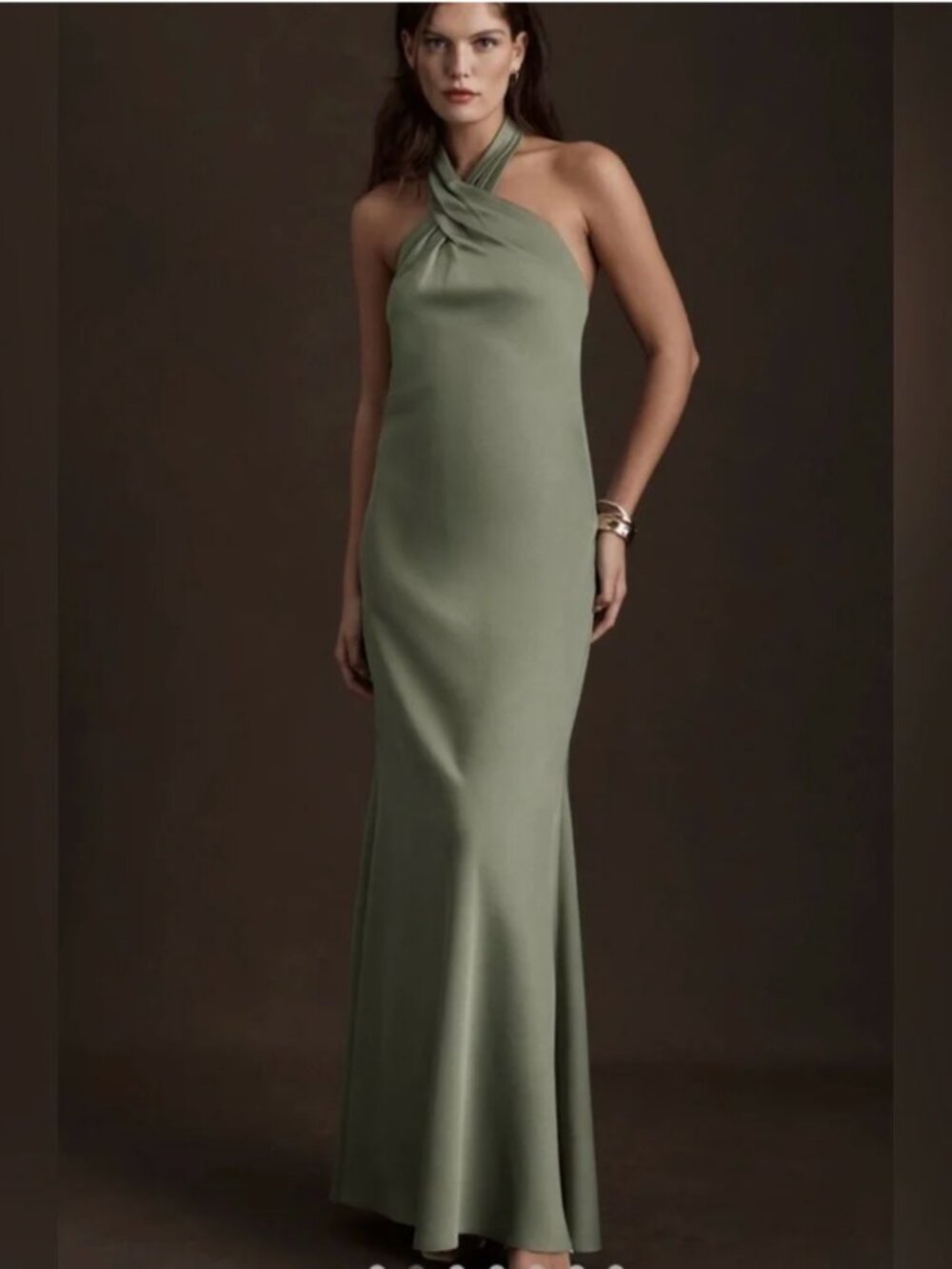 BHLDN Ruby Twist Satin Halter Gown in Moss